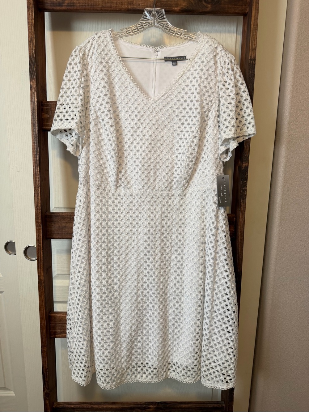 Sharagano Ivory Eyelet V-Neck Midi Dress